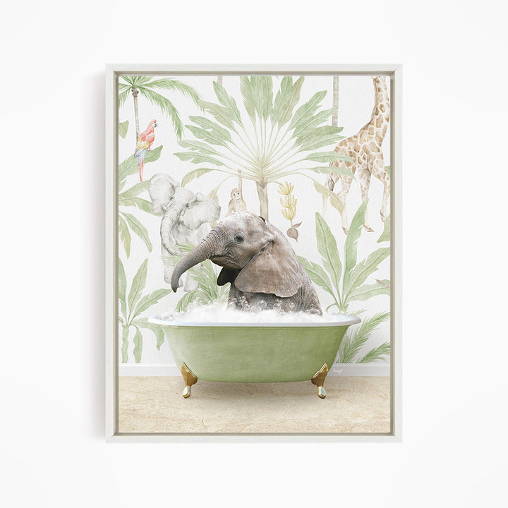 A baby elephant sitting in a green bathtub, surrounded by tropical foliage and other animals, creating a whimsical and playful scene.