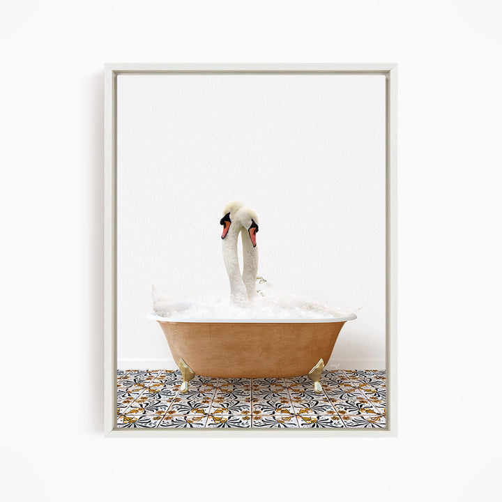 A pair of swans standing in a bathtub filled with bubbles, creating a whimsical and playful scene.