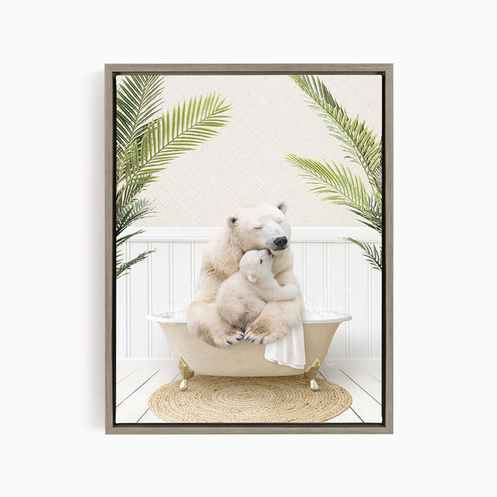 A polar bear is sitting in a bathtub, surrounded by palm leaves, creating a serene and whimsical scene.