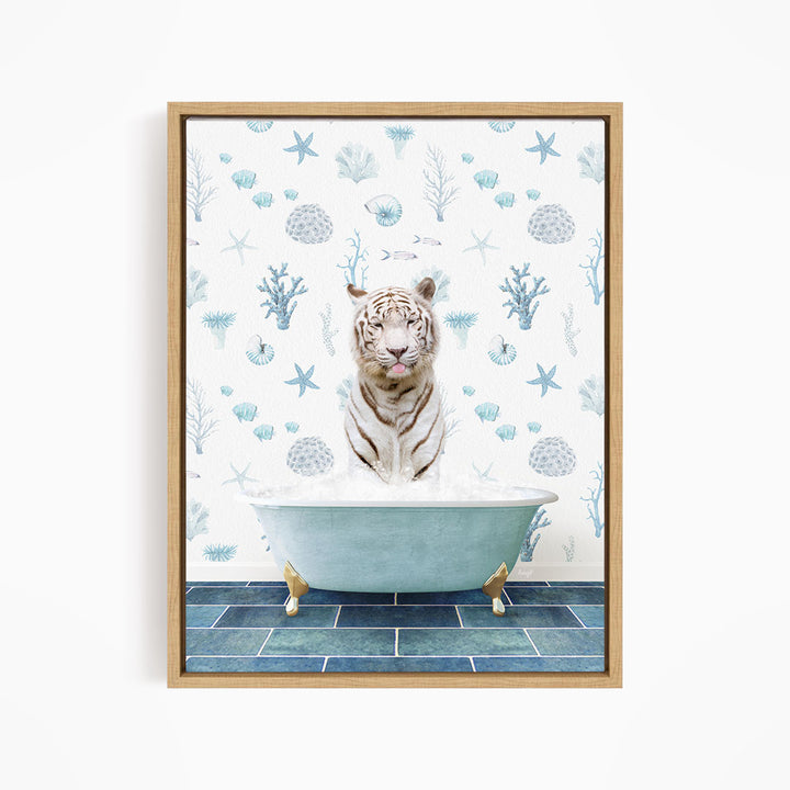 A tiger is sitting in a bathtub filled with water, surrounded by various sea creatures and plants, creating a whimsical and playful scene.