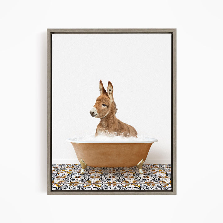 A donkey is sitting in a bathtub filled with water, surrounded by a patterned tile floor.