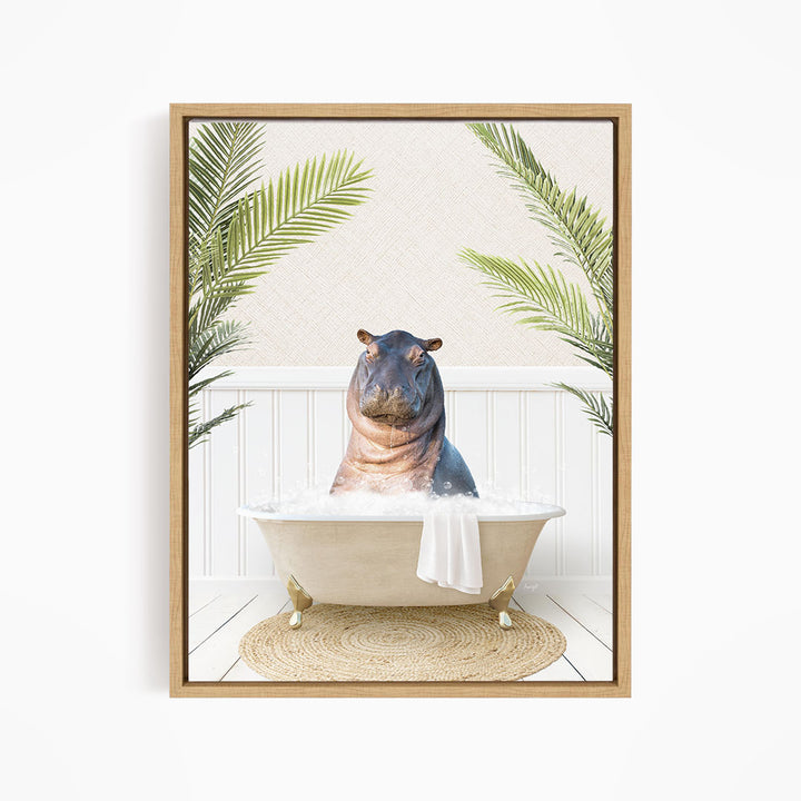 A hippopotamus sitting in a bathtub filled with water, surrounded by palm leaves, creating a whimsical and playful scene.