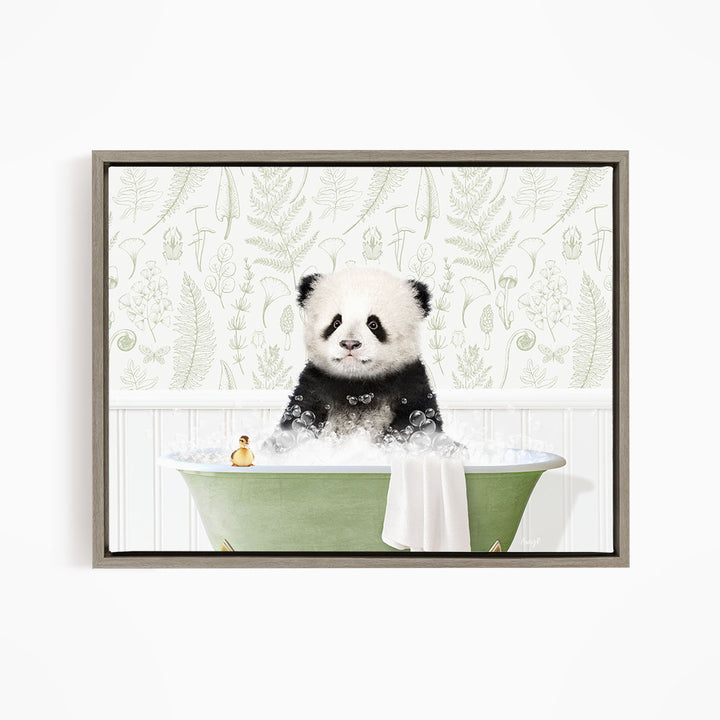 A panda bear sitting in a green bathtub filled with bubbles, surrounded by a patterned wallpaper.
