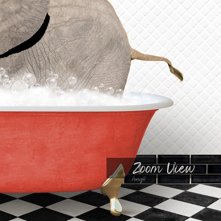 A red bathtub filled with bubbles, with a gray elephant standing inside it.