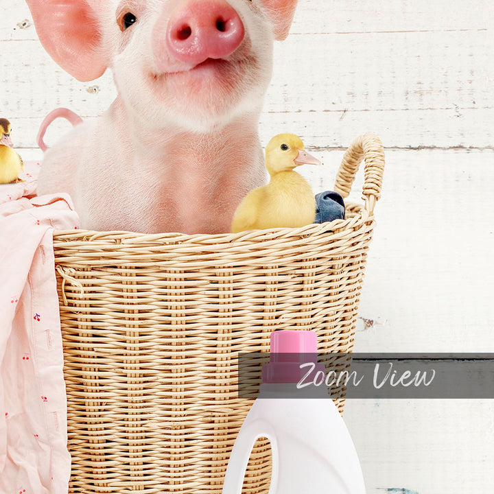 A pig sits in a wicker basket, surrounded by a yellow duckling and a pink bottle of detergent, with a "Zoom View" label in the bottom right corner.