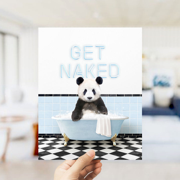 A panda bear sitting in a bathtub with the text "GET NAKED" displayed above it.