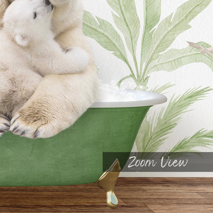A polar bear cub sitting in a green bathtub, with a palm tree wallpaper in the background.