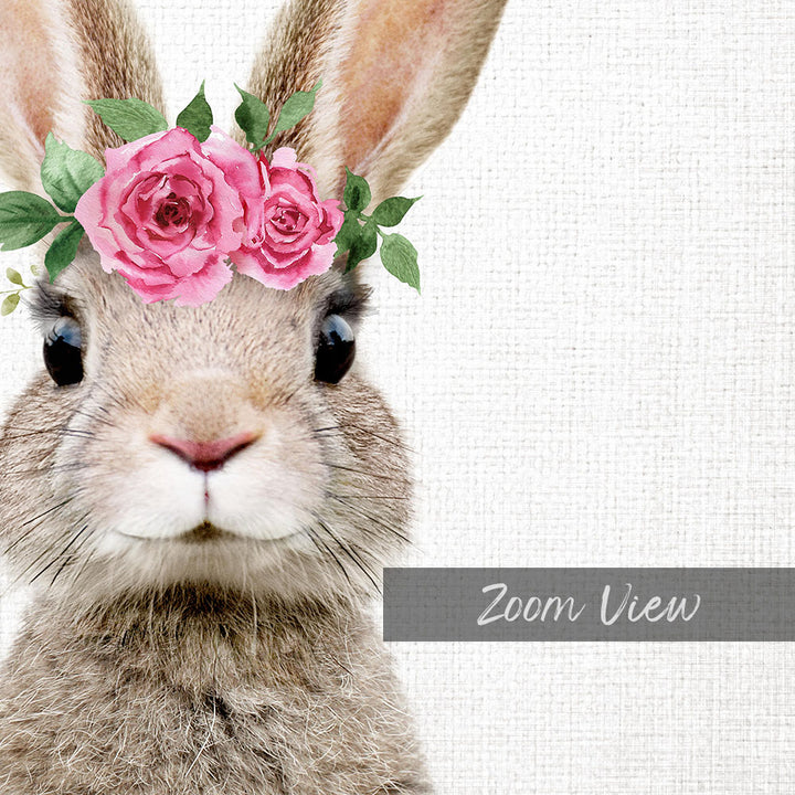 A close-up of a rabbit wearing a pink flower crown on its head, with the text "Zoom View" below the image.