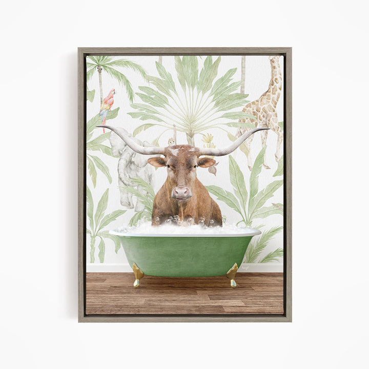 A brown cow with large horns is sitting in a green bathtub, surrounded by tropical foliage and animals, including a giraffe and a parrot.