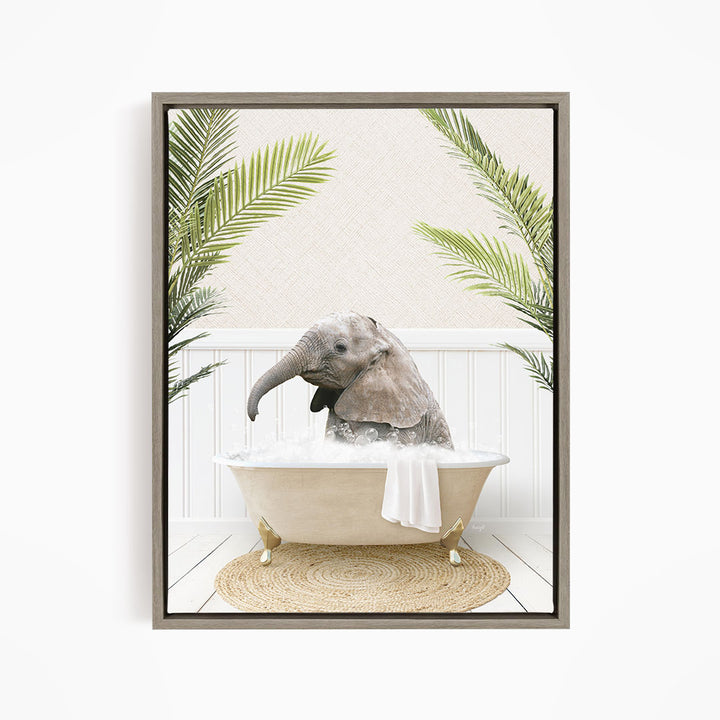 A baby elephant sitting in a bathtub filled with water, surrounded by palm leaves, creating a whimsical and playful scene.