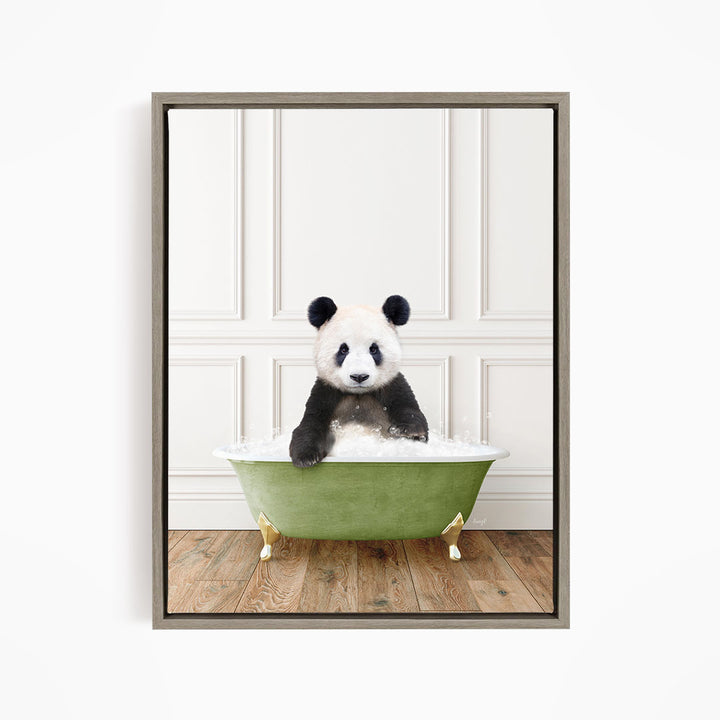 A panda bear sitting in a green bathtub filled with bubbles, looking directly at the camera.