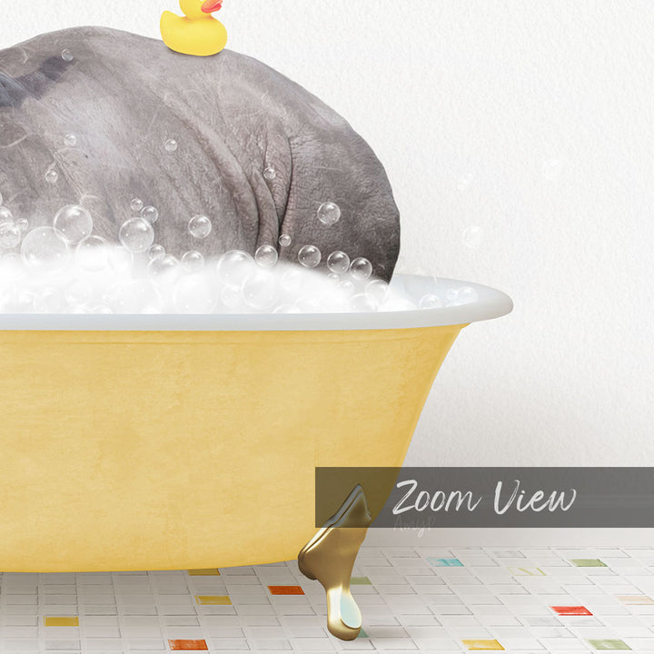 A large gray elephant is sitting in a yellow bathtub filled with bubbles, with a yellow rubber duck floating on top.