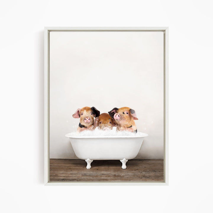 Three adorable pigs sitting in a white bathtub, enjoying a relaxing bath together.