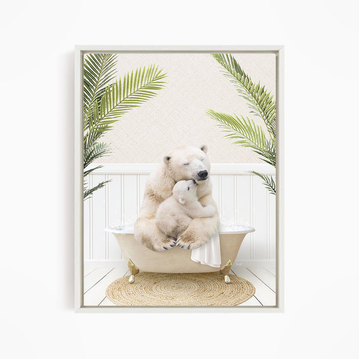 A polar bear is sitting in a bathtub, with a baby polar bear nestled next to it, surrounded by palm leaves.