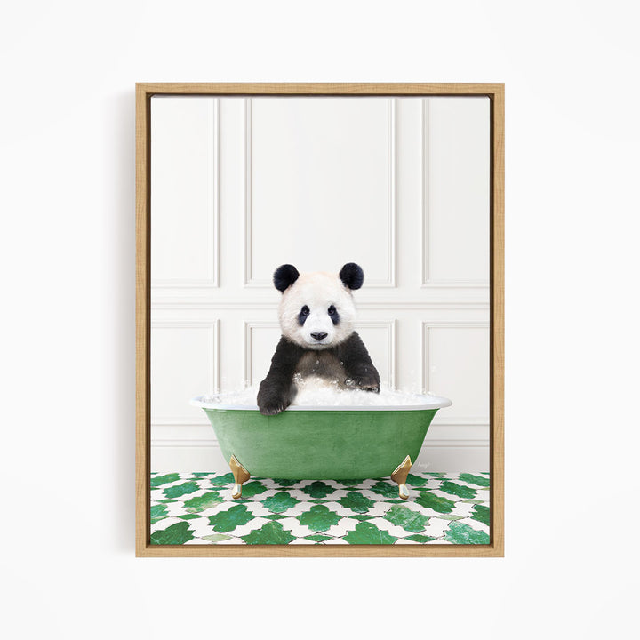 A panda bear sitting in a green bathtub filled with bubbles, surrounded by a green and white patterned floor.