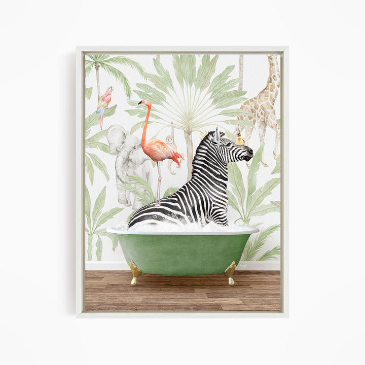 A zebra is sitting in a green bathtub, surrounded by various tropical animals such as a flamingo, giraffe, and parrot, all against a backdrop of palm trees and foliage.