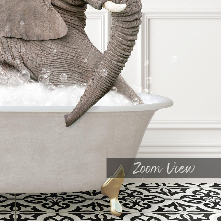 A large gray elephant is sitting in a white bathtub filled with bubbles, with a black and white patterned floor in the foreground.