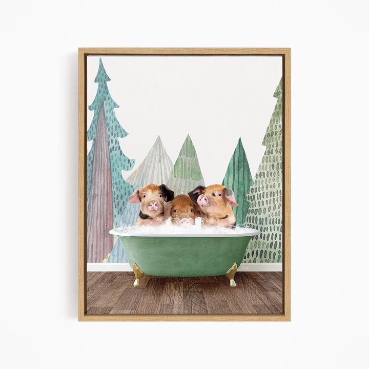 Three adorable pigs sitting in a green bathtub, surrounded by a forest-themed background.