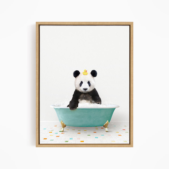 A panda bear sitting in a green bathtub filled with bubbles, with a yellow rubber duck floating on the water.