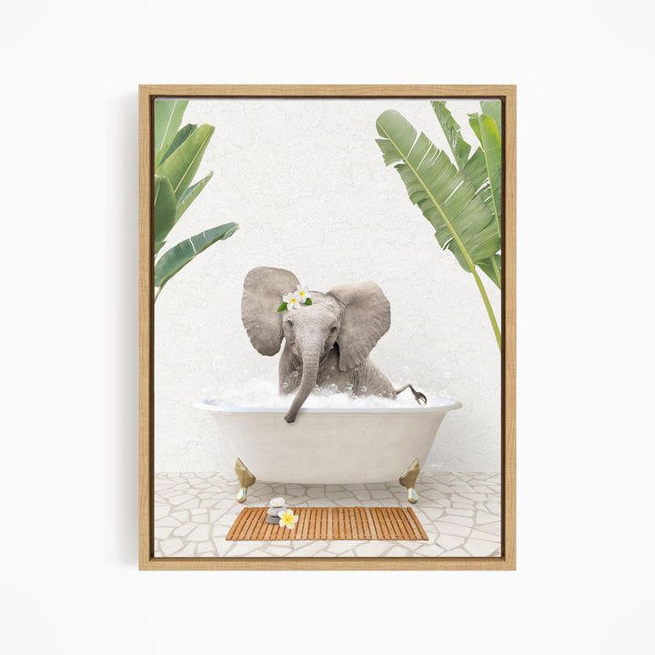 A baby elephant sitting in a bathtub filled with water, surrounded by tropical plants and flowers.