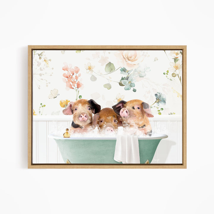 Three adorable pigs sitting in a green bathtub, enjoying a bubble bath together.