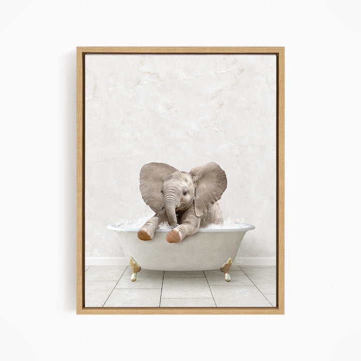 A baby elephant sitting in a white bathtub filled with water, surrounded by a white marble wall.