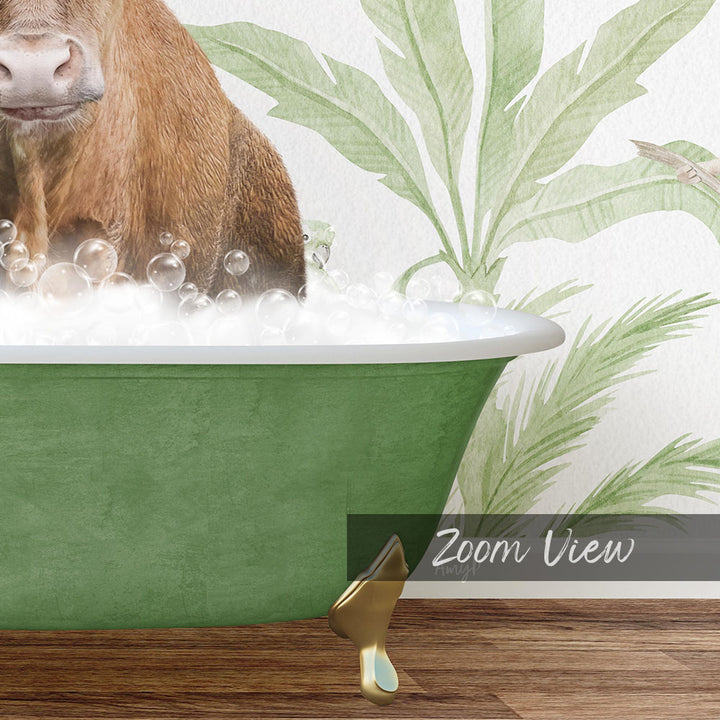 A brown cow is sitting in a green bathtub filled with bubbles, with a palm tree and a bird in the background.