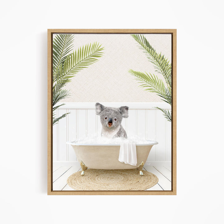 A koala bear sitting in a bathtub filled with water, surrounded by palm leaves.