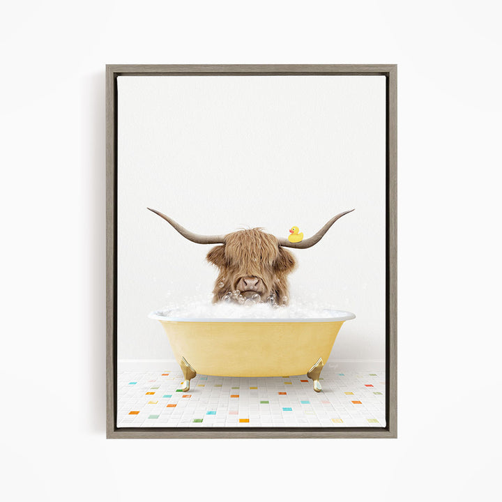 A horned animal, possibly a yak or a bison, is sitting in a yellow bathtub filled with water, with a rubber duck floating on the surface.