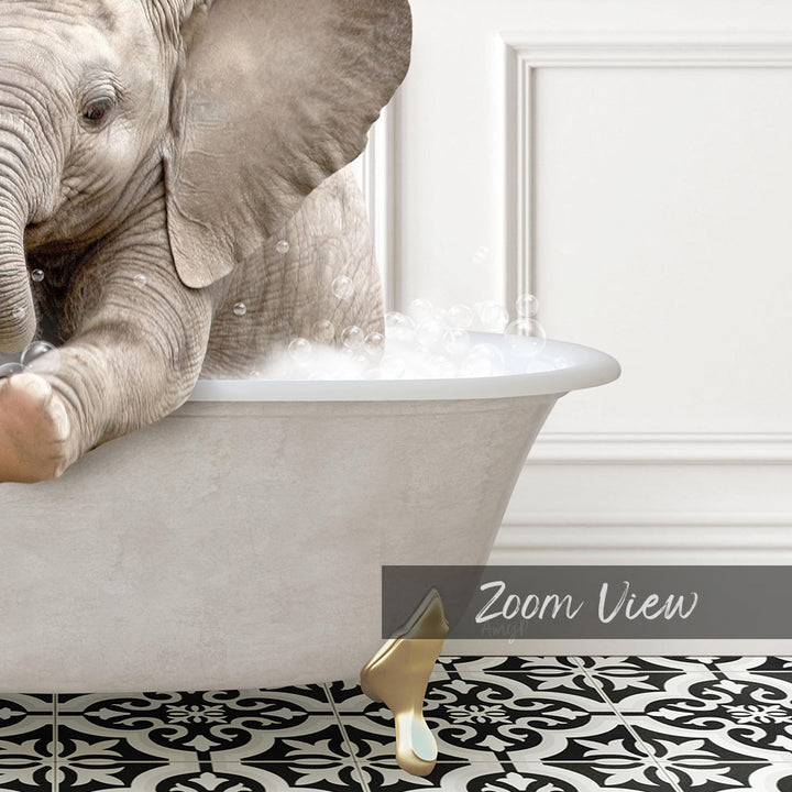 A baby elephant sitting in a bathtub filled with water, surrounded by a black and white patterned floor.