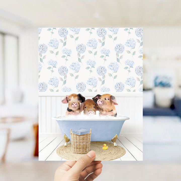 A hand holds up a collage of images featuring three adorable pigs sitting in a blue bathtub, surrounded by a floral patterned wall.