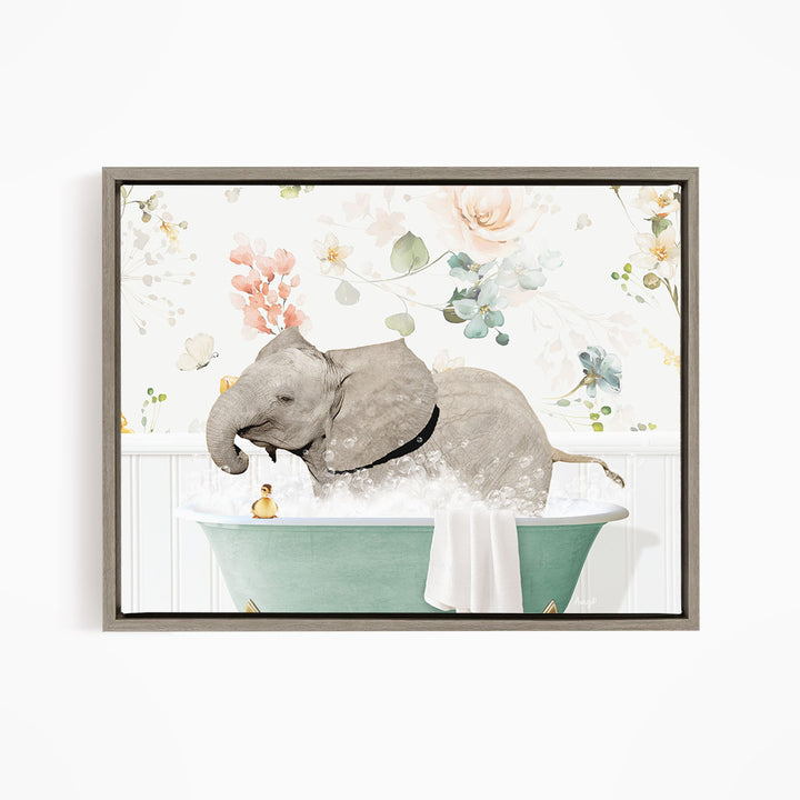A gray elephant is taking a bath in a green bathtub, surrounded by a floral background.