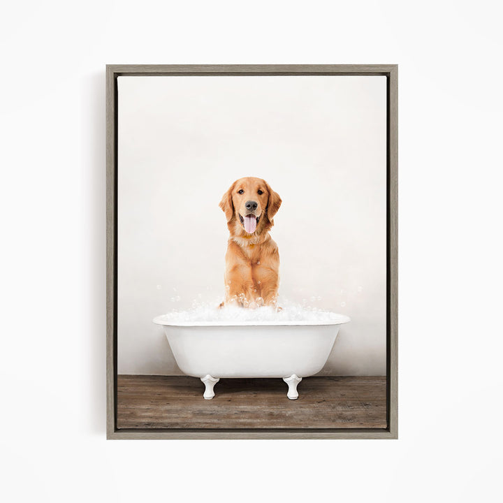 A golden retriever dog sitting in a white bathtub filled with water, with its tongue hanging out, creating a playful and relaxed atmosphere.