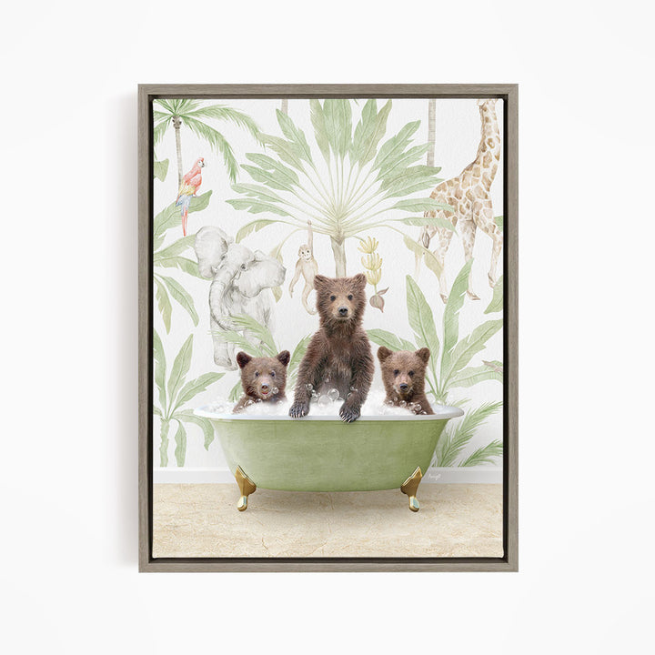 A framed print depicting three bears sitting in a bathtub filled with water, surrounded by tropical foliage and animals.