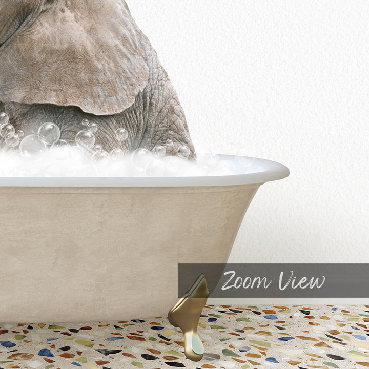 A close-up of an elephant standing in a bathtub filled with water and bubbles, with a text overlay that reads "Zoom View".