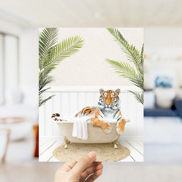 A tiger is sitting in a bathtub filled with water, surrounded by palm leaves, creating a whimsical and playful scene.