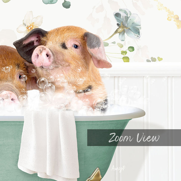 A pig sitting in a bathtub filled with bubbles, surrounded by flowers and plants.