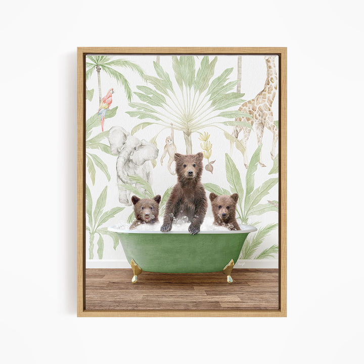 A framed print depicting three bears sitting in a green bathtub, surrounded by a tropical jungle scene with various animals and plants.