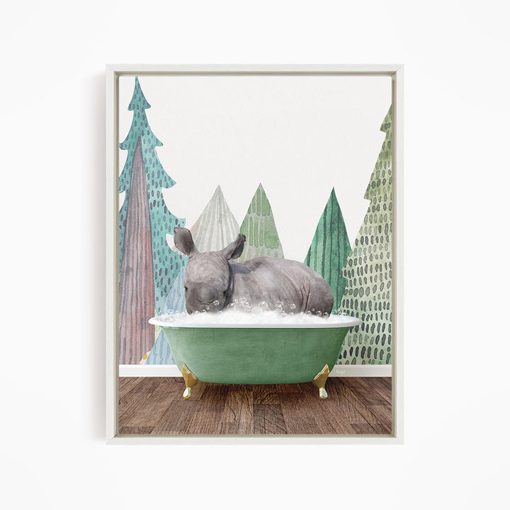A rhinoceros is sitting in a green bathtub, surrounded by a forest-themed background with trees and mountains.
