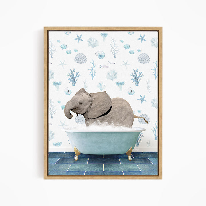 A gray elephant is sitting in a blue bathtub filled with water, surrounded by a pattern of blue and white seashells and starfish.