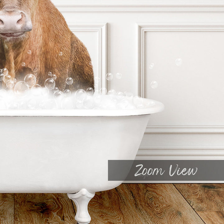 A brown cow is sitting in a white bathtub filled with bubbles, creating a whimsical and playful scene.