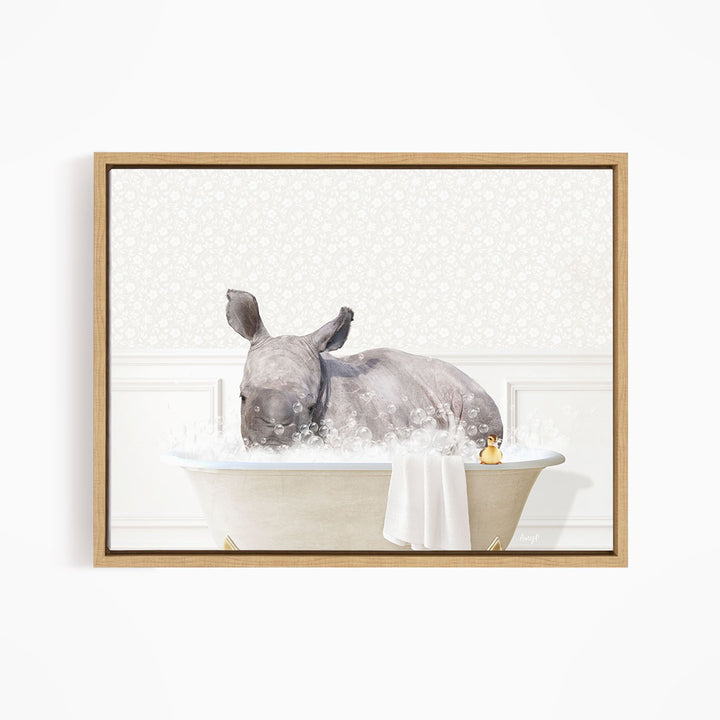 A rhinoceros is sitting in a bathtub filled with water, surrounded by bubbles, creating a whimsical and playful scene.