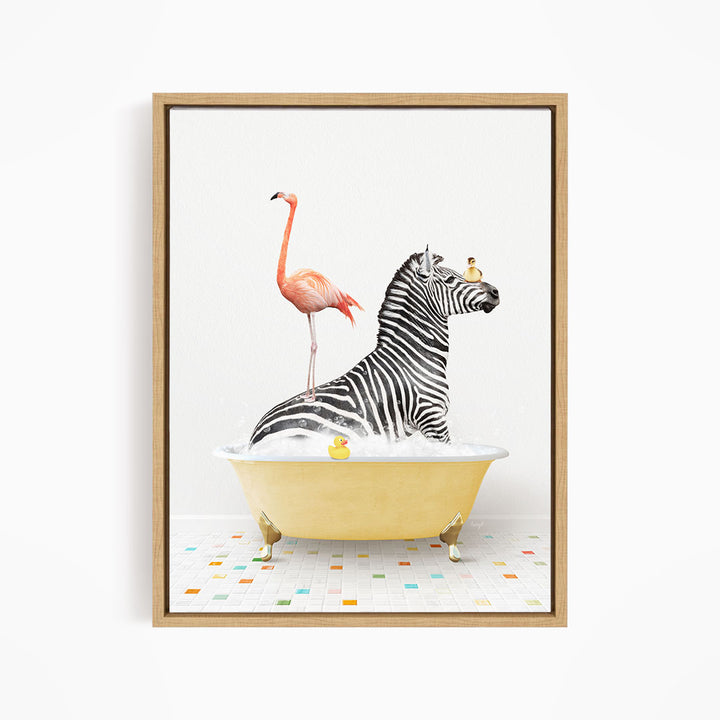 A zebra is sitting in a yellow bathtub, with a pink flamingo standing on its back legs and a yellow rubber duck floating in the water.