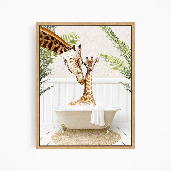 A mother giraffe and her baby giraffe are sitting together in a bathtub, surrounded by lush green plants.
