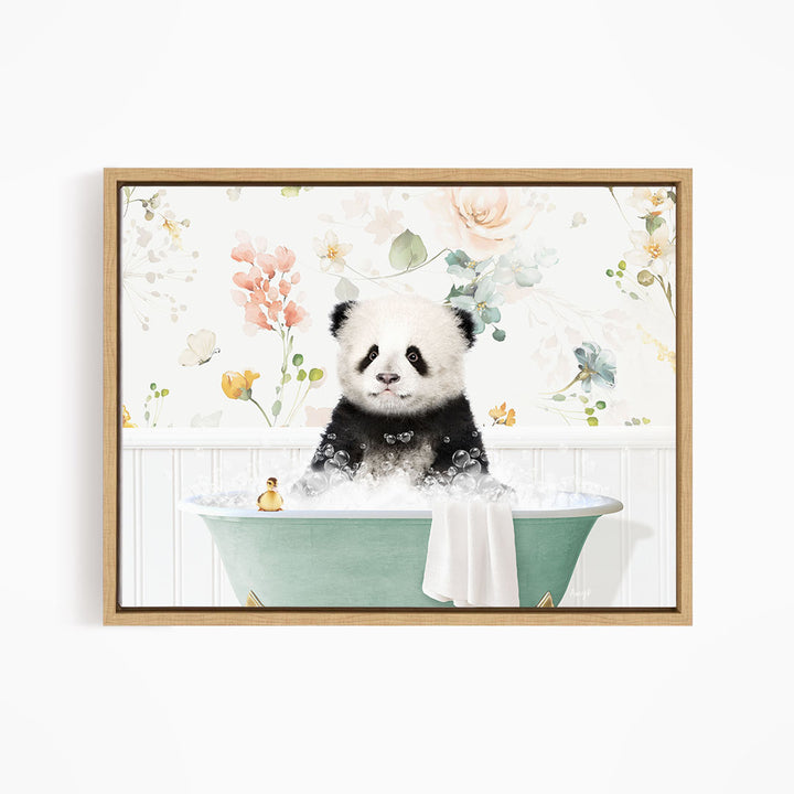 A panda bear sitting in a green bathtub filled with bubbles, surrounded by a floral pattern.