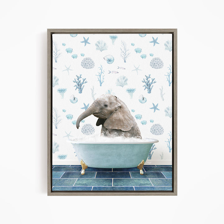 A baby elephant sitting in a bathtub filled with water, surrounded by blue and white seashells and starfish on the wall behind it.