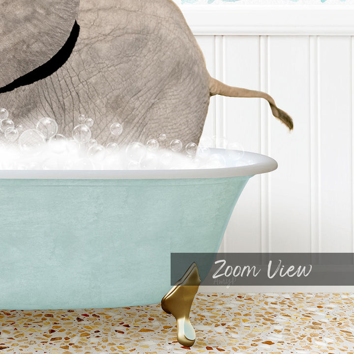 A close-up of an elephant standing in a bathtub filled with bubbles, with a text overlay that reads "Zoom View".
