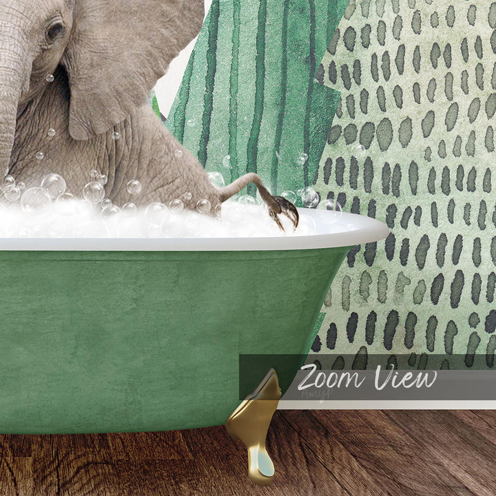 A large elephant is taking a bath in a green bathtub, surrounded by bubbles, with a patterned wall in the background.