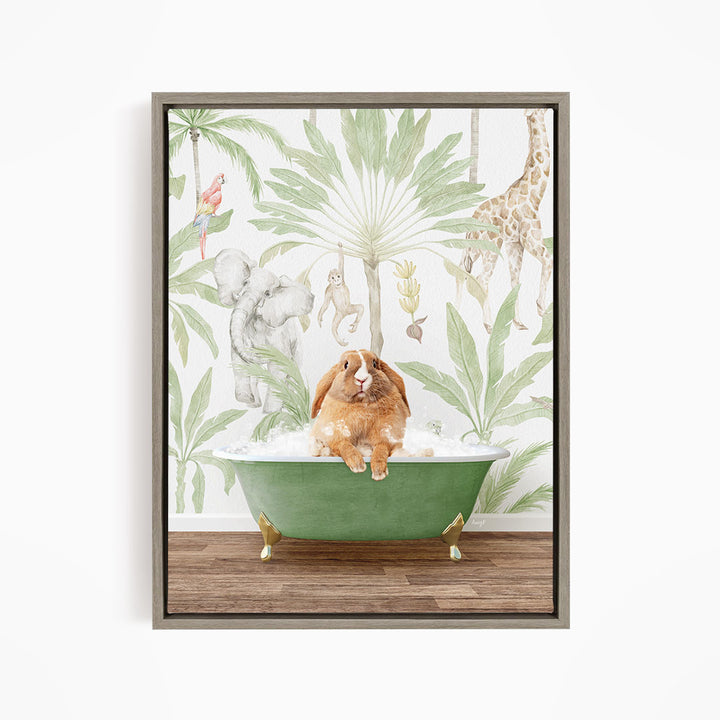 A rabbit sitting in a green bathtub filled with water, surrounded by various animals such as a giraffe, parrot, and elephant, all set against a tropical jungle backdrop.