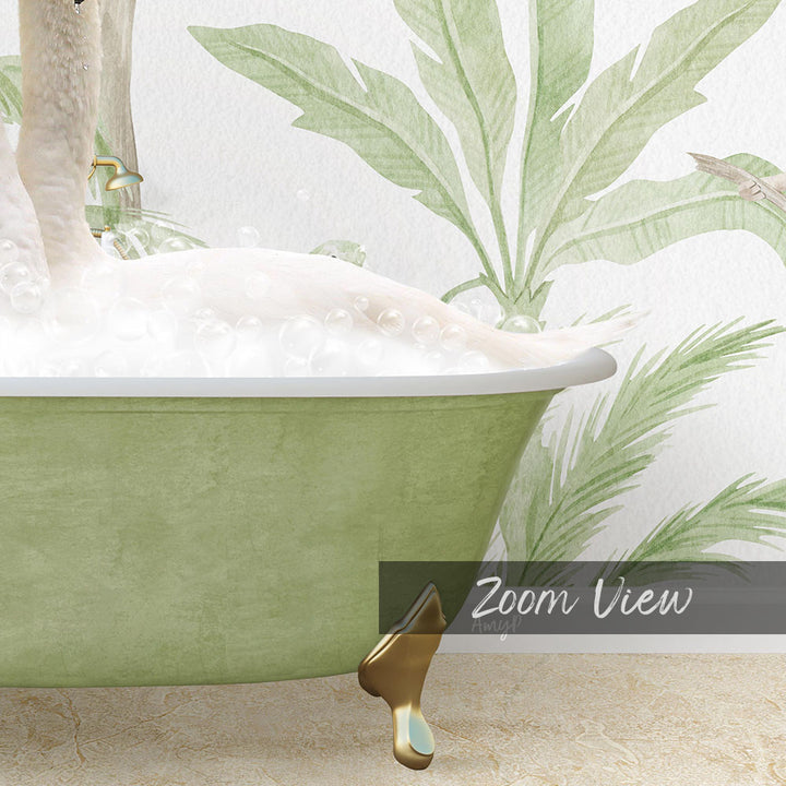 A green bathtub filled with bubbles, with a gold faucet and a palm tree wallpaper in the background.
